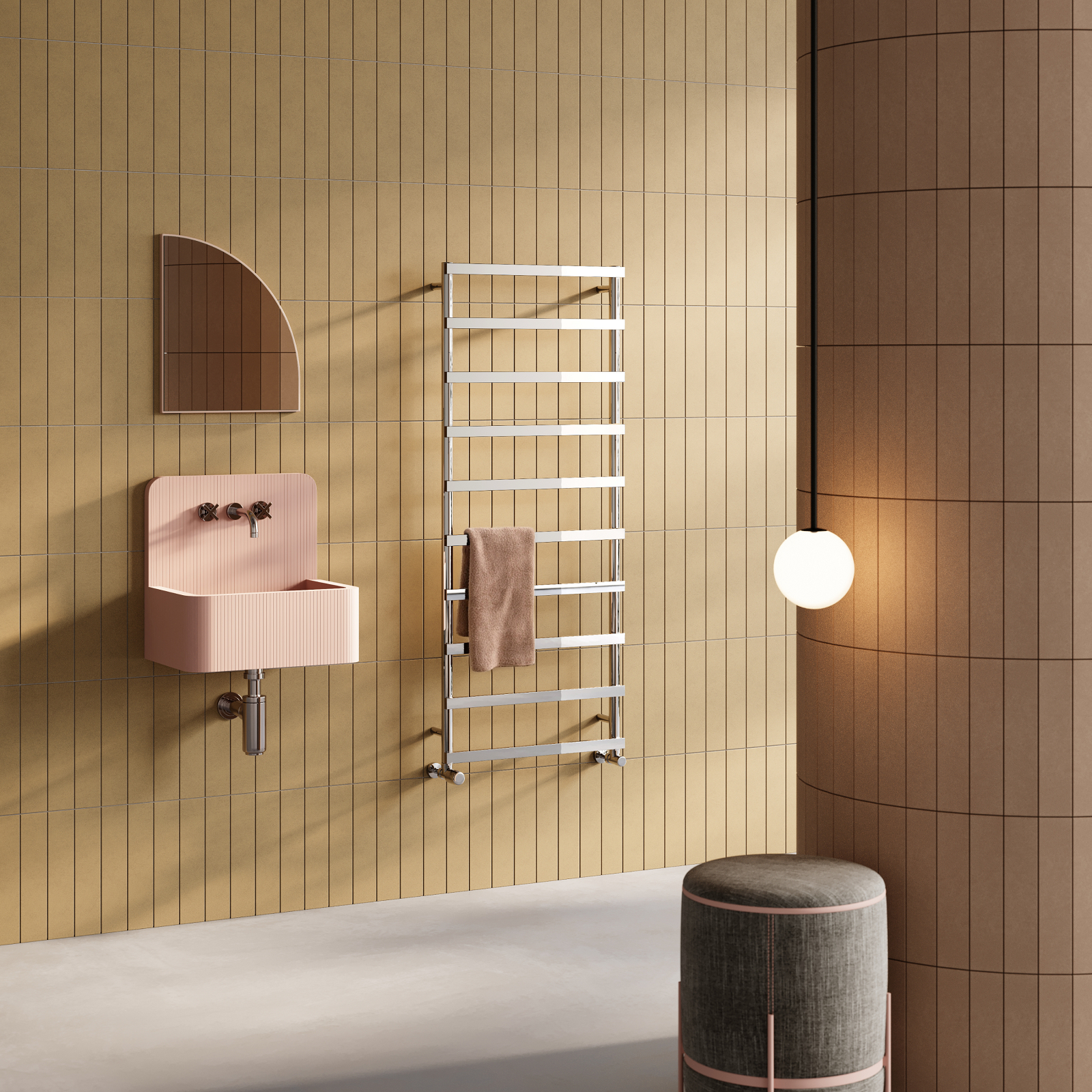 Si caratterizza per il suo design pulito lo scaldasalviette Alessandra di Cordivari, nelle due versioni inox lucido e inox satinato. Realizzato in acciaio inox, ha collettori verticali da 3 cm e corpi radianti da 3 x 1 cm, distribuiti in modo omogeneo su tutta la lunghezza. Lo si può configurare con 6 altezze differenti ed è disponibile anche con funzionamento elettrico, nella versione inox lucido. Il modello in foto, inox lucido, misura L 53 x H 130 cm e costa a partire da 1.045 euro. www.cordivari.it