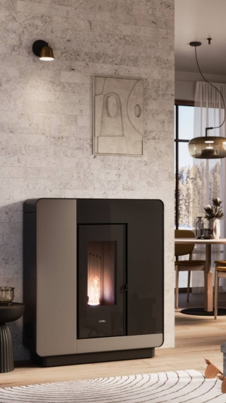 Elle Plus 9 stupisce per l'interessante combinazione di varianti e materiali abbinati alla cornice in vetro nero. Disponibile con frontale in pietra nero Greco, Ossido Bruno, metallo Light Bronze, Titanio e Vetro. Certificata 5Stelle D.M. 186.