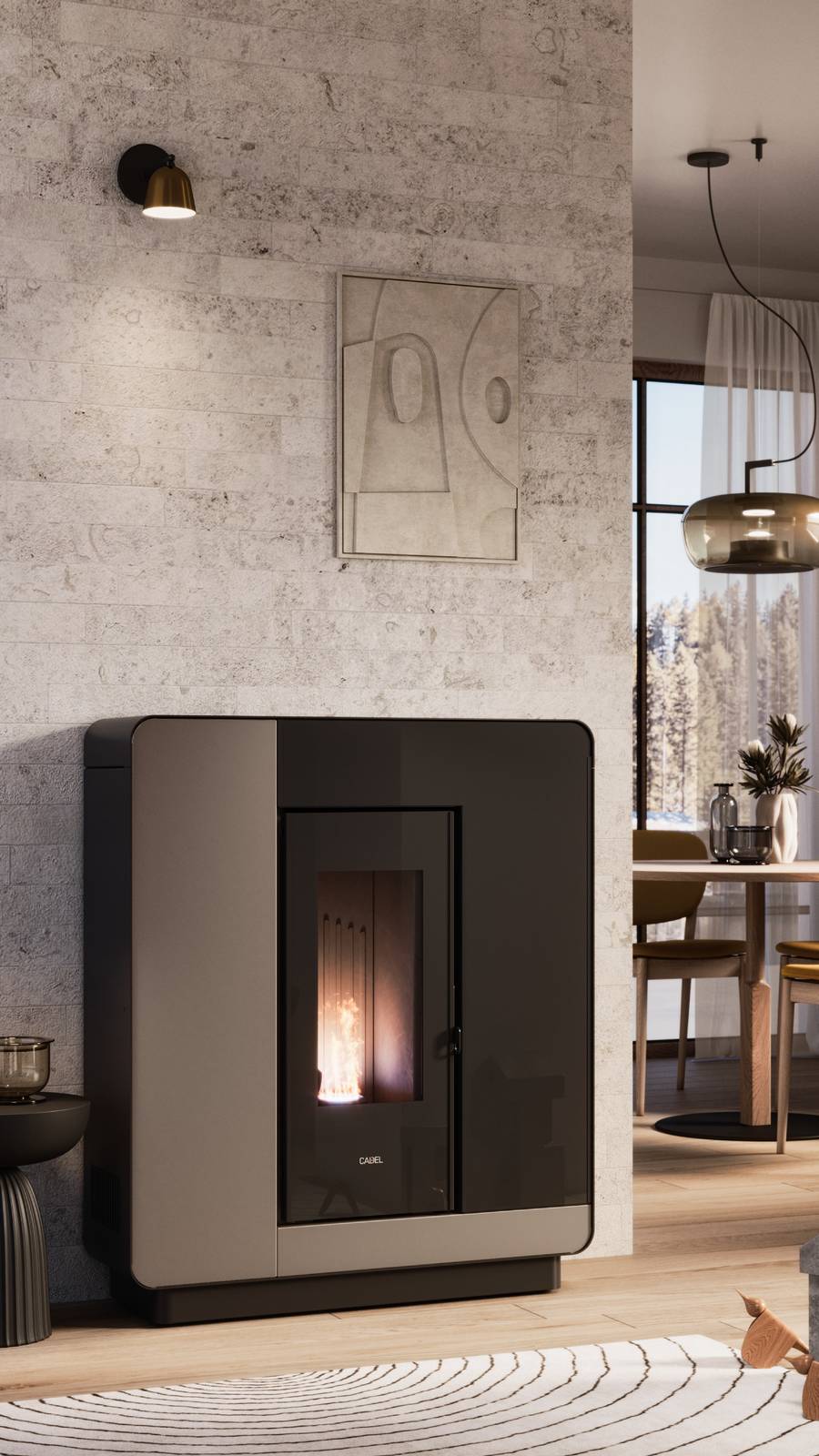 Elle Plus 9 stupisce per l'interessante combinazione di varianti e materiali abbinati alla cornice in vetro nero. Disponibile con frontale in pietra nero Greco, Ossido Bruno, metallo Light Bronze, Titanio e Vetro. Certificata 5Stelle D.M. 186.