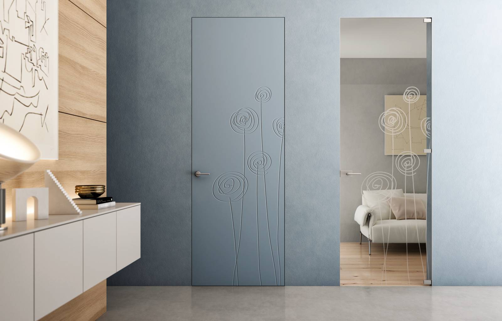 Le Originali Bertolotto, apertura battente, minima, finitura laccato opaco RAL, maniglia Chef; Le Originali Bertolotto, Alaska 3245 Soffi, apertura battente, minima, vetro trasparente extrachiaro sabbiato, maniglia Chef Le Originali Bertolotto, apertura battente, minima, finitura laccato opaco RAL, maniglia Chef; Le Originali Bertolotto, Alaska 3245 Soffi, apertura battente, minima, vetro trasparente extrachiaro sabbiato, maniglia Chef