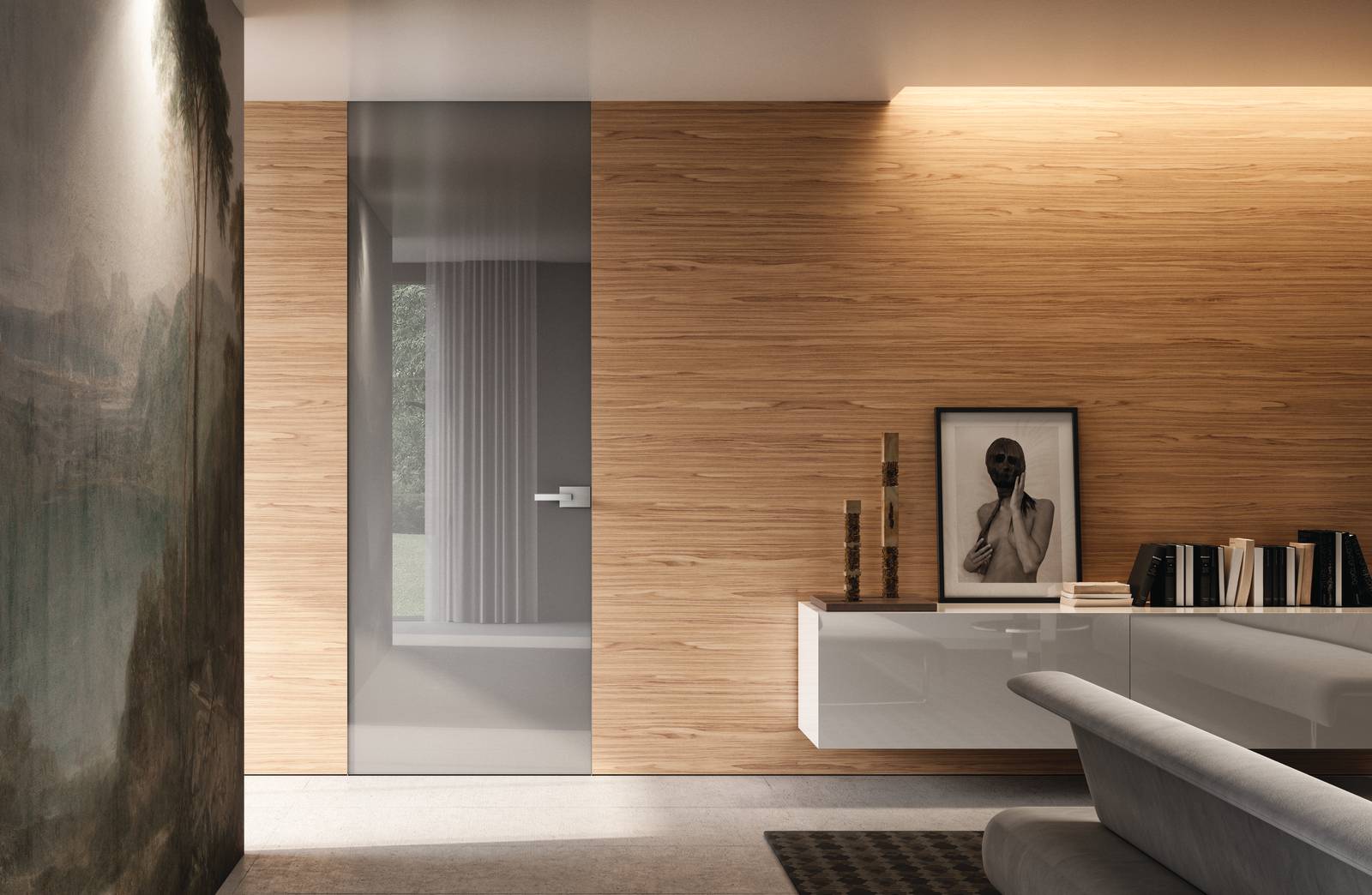 Sistemi di Desing, apertura battente, minima crystal, profilo argento, vetro laccato grigio nuvola, maniglia Basco Sistemi di Desing, apertura battente, minima crystal, profilo argento, vetro laccato grigio nuvola, maniglia Basco