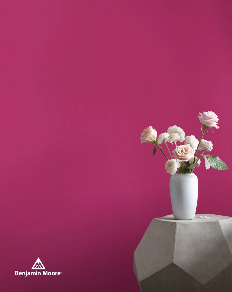 Pareti color magenta anche con il colore Gipsy Pink 2077-20 di Benjamin Moore, una tonalità satura di magenta che trasmette passione, fiducia e un senso di gioco. Con un valore di riflessione della luce (LRV) di 12,55, è un colore abbastanza scuro. La pittura Regal® Select Interior è una pittura premium che non ha bisogno di primer: garantisce un colore bello e duraturo, lavabile e resistente a macchie e graffi. Il prezzo al pubblico del bianco e di ognuno dei 3500 colori Benjamin Moore è di  39,90 euro + Iva per ¼ di gallone (0,95 lt). www.benjaminmooreitalia.com
