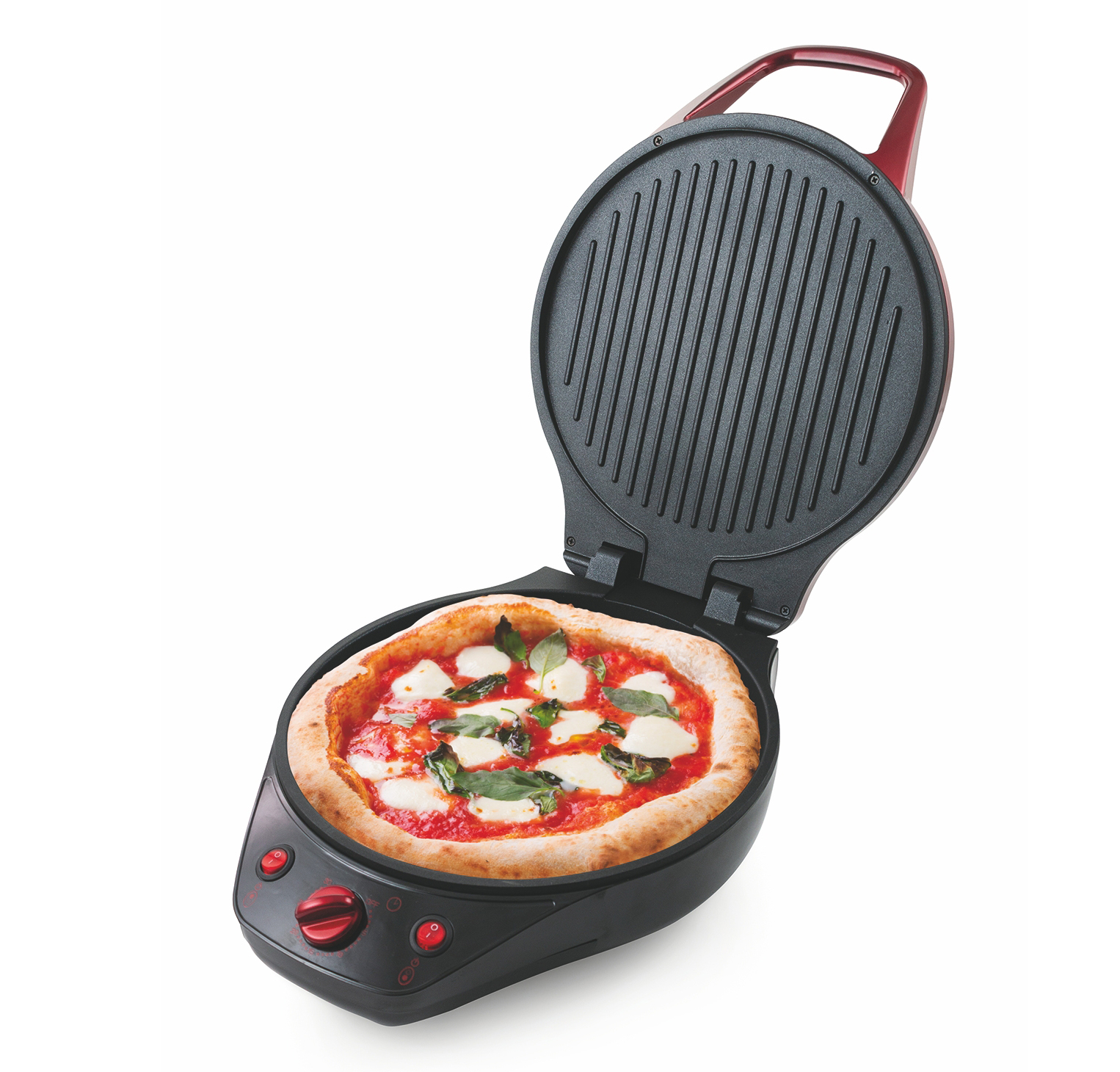 Sulla piastra in alluminio da 30 cm di diametro con rivestimento antiaderente di Pizza Maker Grill Mamy di Kooper la cottura è facile e automatica. Grazie all'apertura a 180°, oltre alla pizza, è possibile cucinare carne, pesce e verdure. Il timer di 30 minuti permette un preciso controllo. Prezzo 49 euro. www.satur.it