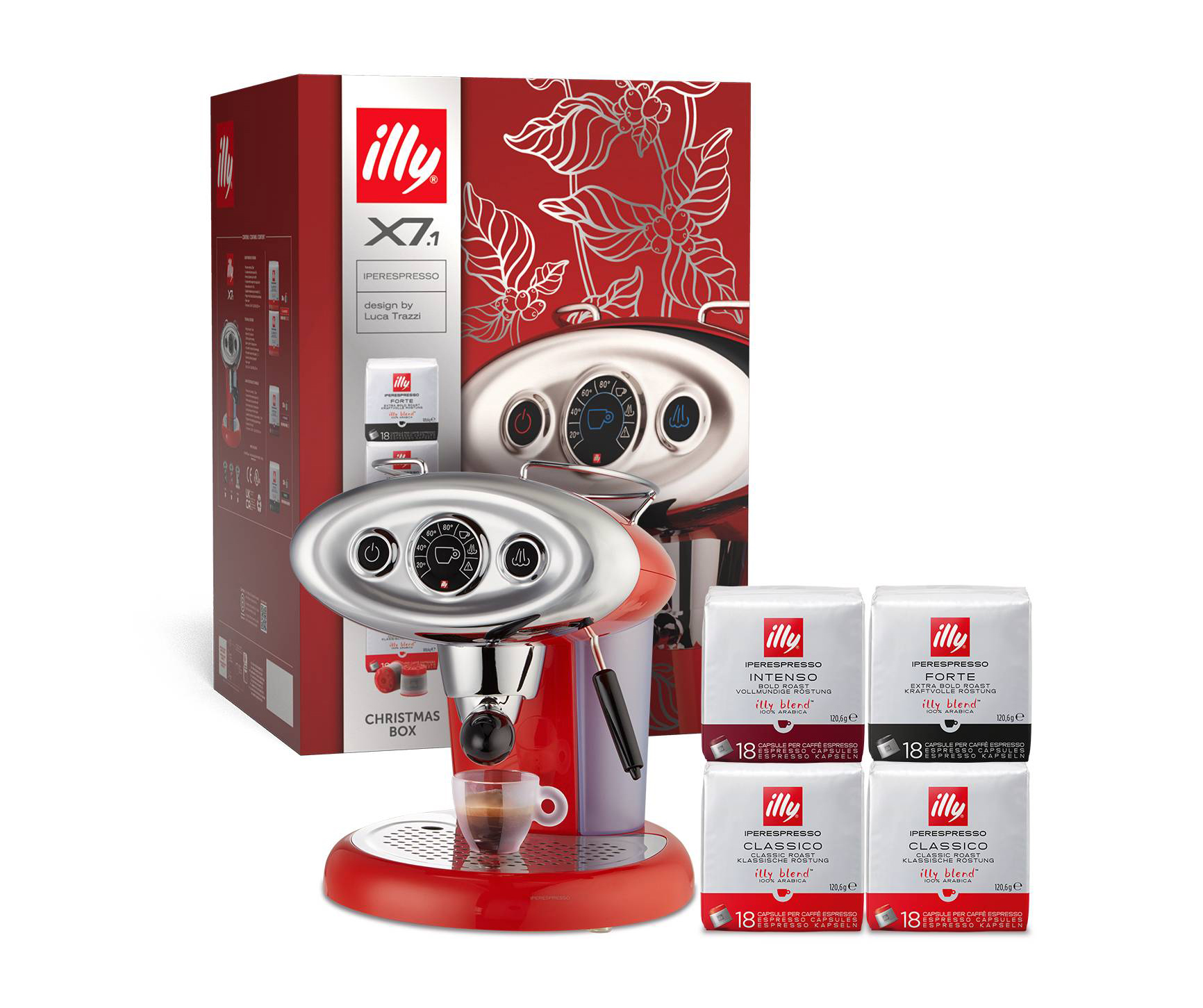 La X7.1 Christmas Box di illycaffè è una confezione che include una macchina per caffè espresso X7.1 e 72 capsule di caffè tostato macinato, suddivise in due confezioni da 18 capsule Classico, una confezione da 18 capsule Intenso e una confezione da 18 capsule Forte.  Prezzo 169 euro. www.illy.com