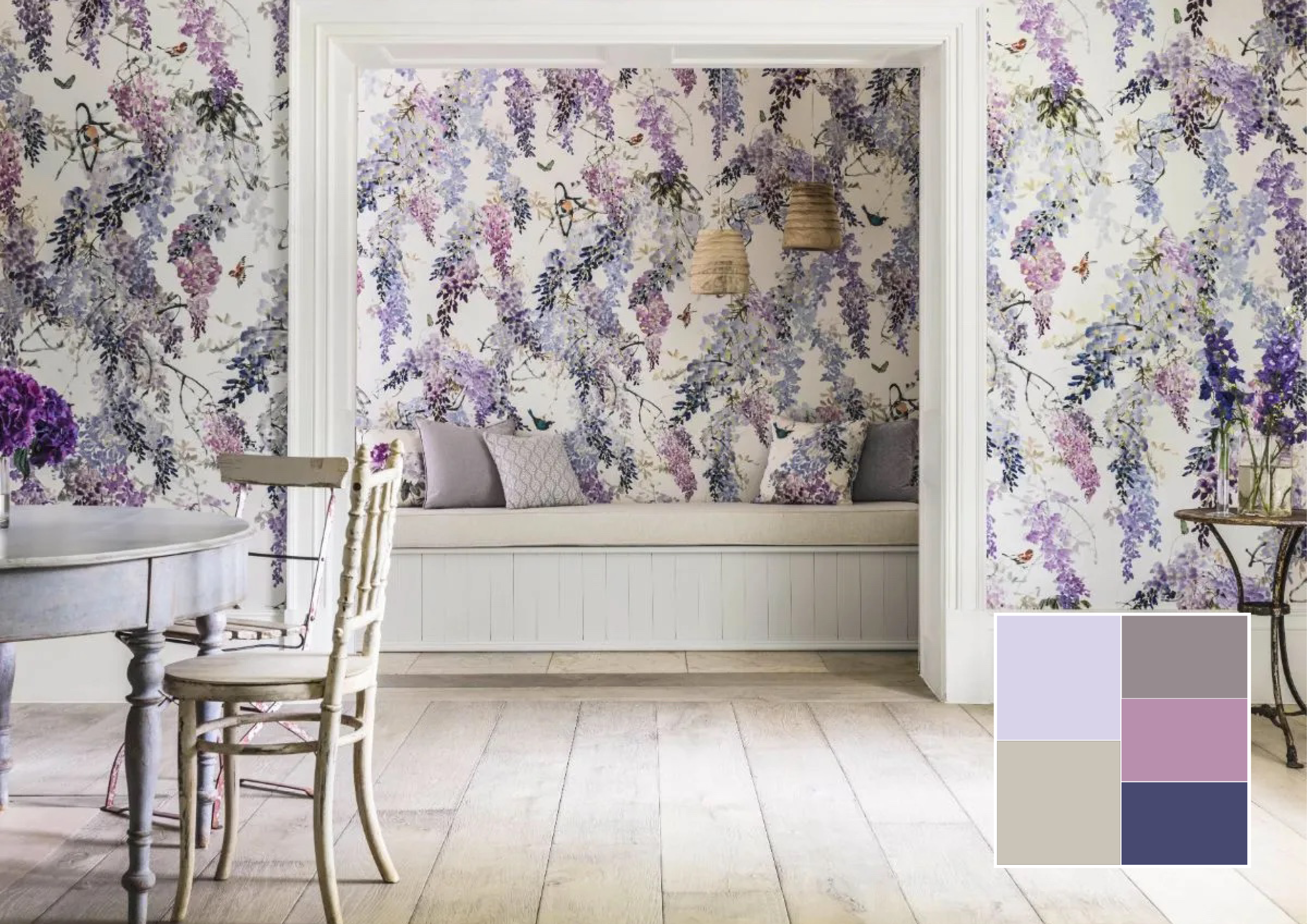 Carta da parati Wisteria Falls di Sanderson distr. B&B Distribuzione (bbdistribuzione.it) che abbina tonalità di lilla e glicine Carta da parati Wisteria Falls di Sanderson distr. B&B Distribuzione (bbdistribuzione.it) che abbina tonalità di lilla e glicine