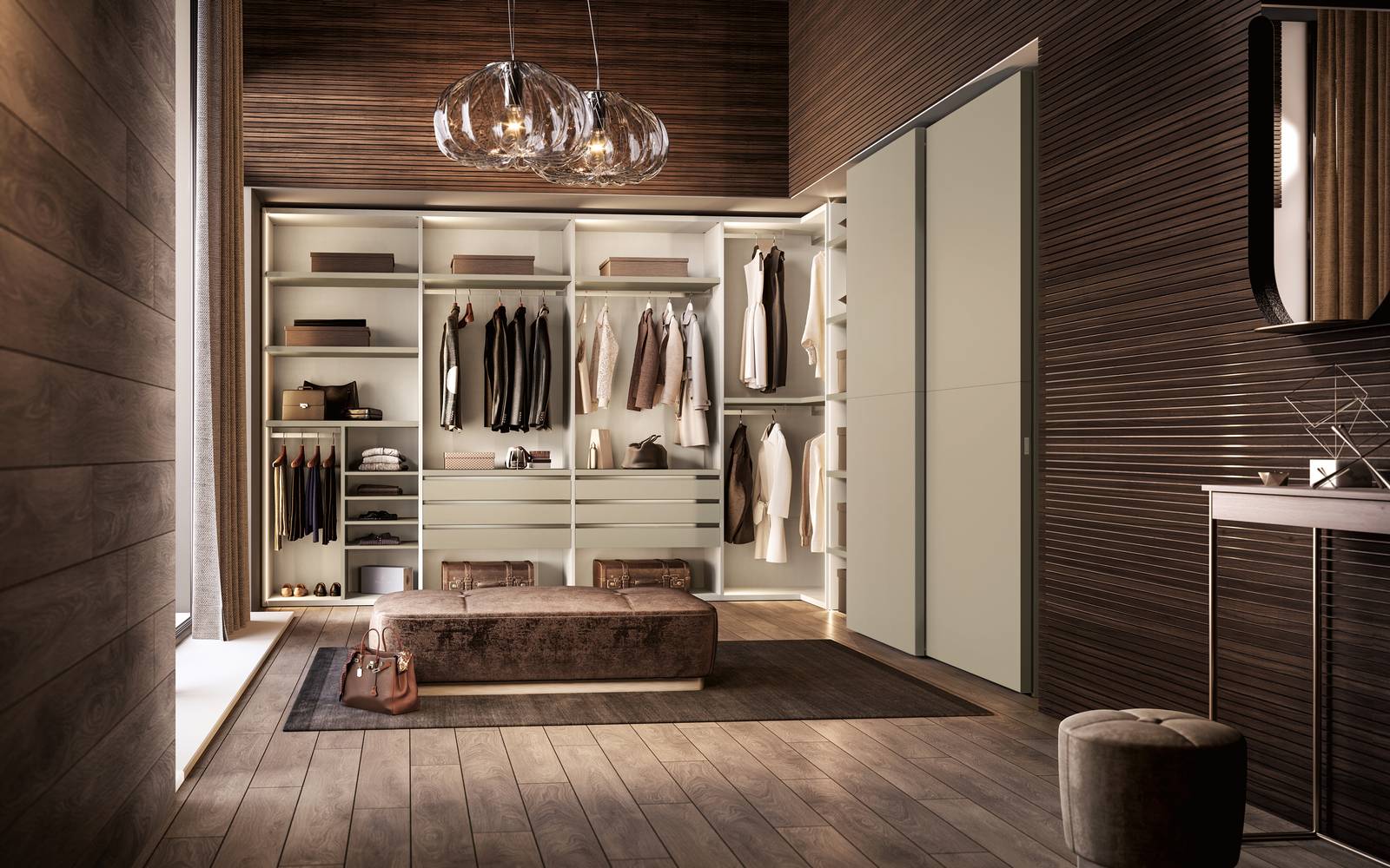 La cabina armadio ad angolo Taurus di Moretti Compact rappresenta un perfetto equilibrio tra design e funzionalità, grazie alla combinazione di una cabina walk-in e un armadio a due ante scorrevoli della collezione Zenith. Le due soluzioni si incontrano armoniosamente in una struttura ad angolo, creando un’area guardaroba elegante e organizzata, perfetta anche per spazi contenuti. Ai moduli Nobilitato Texture è abbinato l’armadio in laccato Tortora. Misura L 407,2 x 204 x P 52t xH 257 cm. Prezzo 4.572 euro. www.moretticompact.it