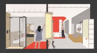 Sezione trasversale bagno soggiorno
Un'idea progettuale fortemente caratterizzante
è stata quella di inserire un grande
serramento pivotante tra il soggiorno,
in corrispondenza del tavolo da pranzo,
e la zona antistante il bagno. La finestra,
che misura 90 x 150 cm, può ruotare intorno all'asse centrale, con un ingombro
ridotto da una parete e dall'altra anche
alla massima apertura. Il telaio è in listellare
di rovere, il vetro giallo lascia passare la luce, ma è opacizzato per garantire la privacy.