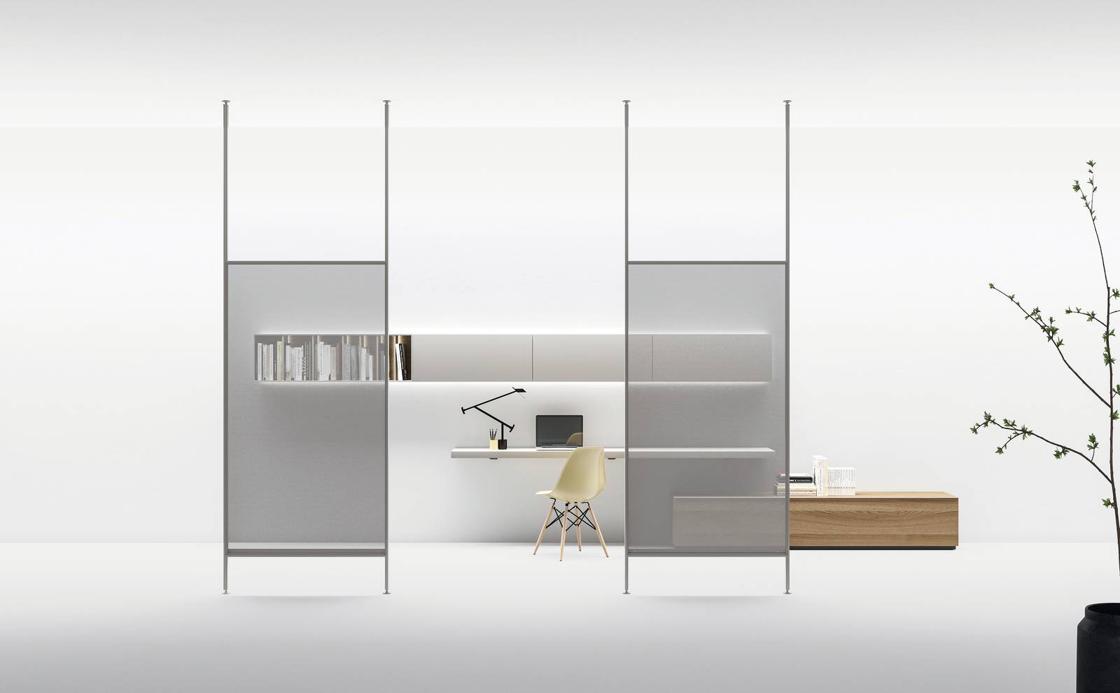 Il sistema View di Caccaro è una quinta leggera che aiuta a separare gli spazi in modo discreto. In questa composizione scherma una piccola zona studio realizzata con i programmi Caccaro Wallover e Poly, il piano sospeso. www.caccaro.it Il sistema View di Caccaro è una quinta leggera che aiuta a separare gli spazi in modo discreto. In questa composizione scherma una piccola zona studio realizzata con i programmi Caccaro Wallover e Poly, il piano sospeso. www.caccaro.it