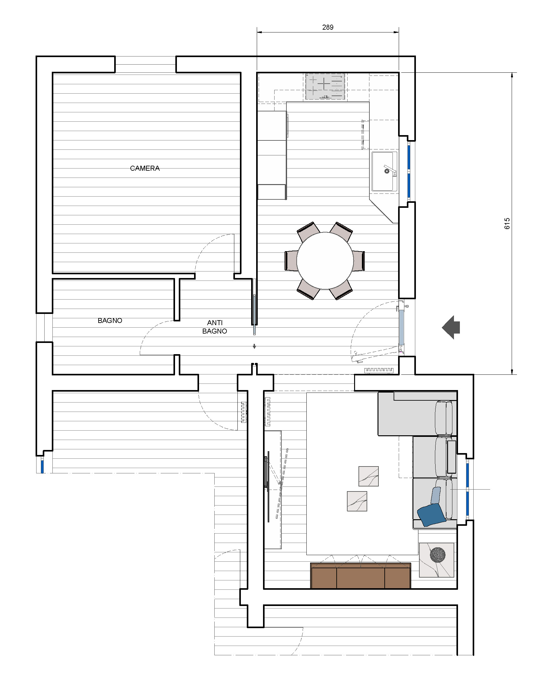 Pianta con cucina ampliata eliminando il vano di ingresso accorpato al centro a soggiorno da un lato e cucina dall'altro