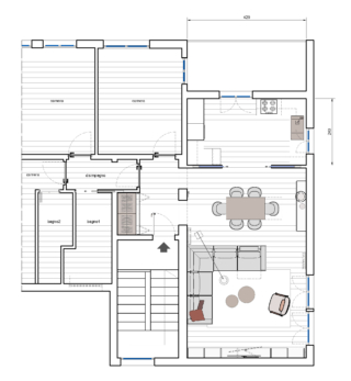 In questo progetto, al posto dell'angolo cottura, si forma un locale abitabile chiuso con un'ampia porta scorrevole a scomparsa in vetro con due ante.