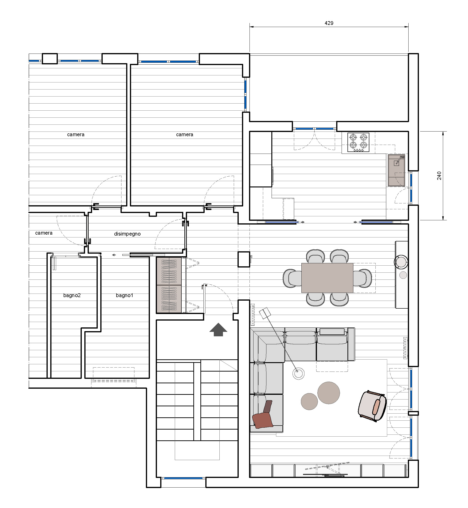 In questo progetto, al posto dell'angolo cottura, si forma un locale abitabile chiuso con un'ampia porta scorrevole a scomparsa in vetro con due ante.