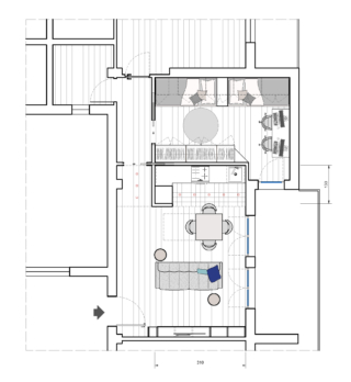 Il piccolo soggiorno con cucina in linea viene ampliato formando un volume più ampio che ospita una cucina ad angolo. Il disimpegno è ridimensionato e la camera mantiene la superficie utile della camera doppia.
