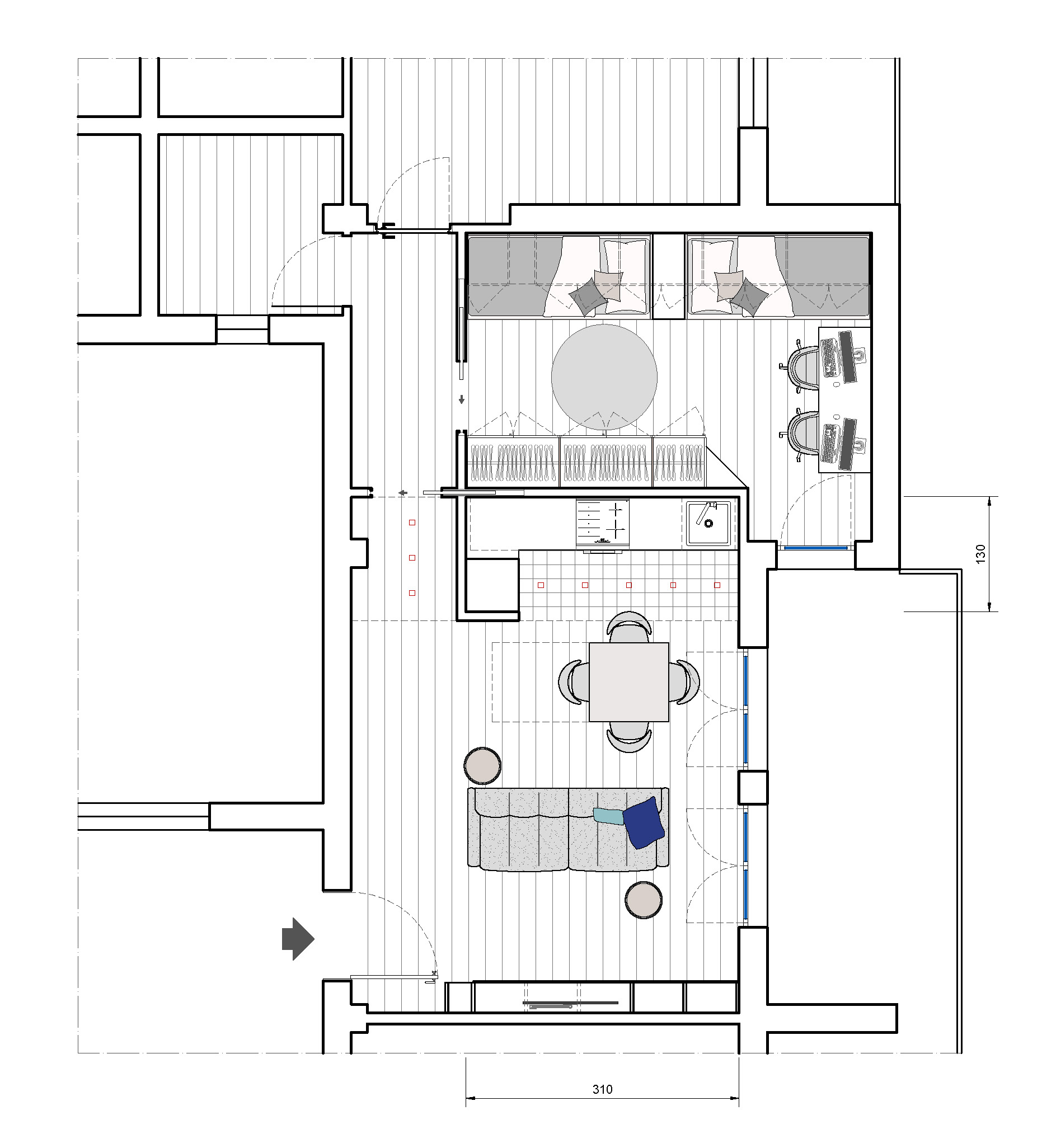 Il piccolo soggiorno con cucina in linea viene ampliato formando un volume più ampio che ospita una cucina ad angolo. Il disimpegno è ridimensionato e la camera mantiene la superficie utile della camera doppia.