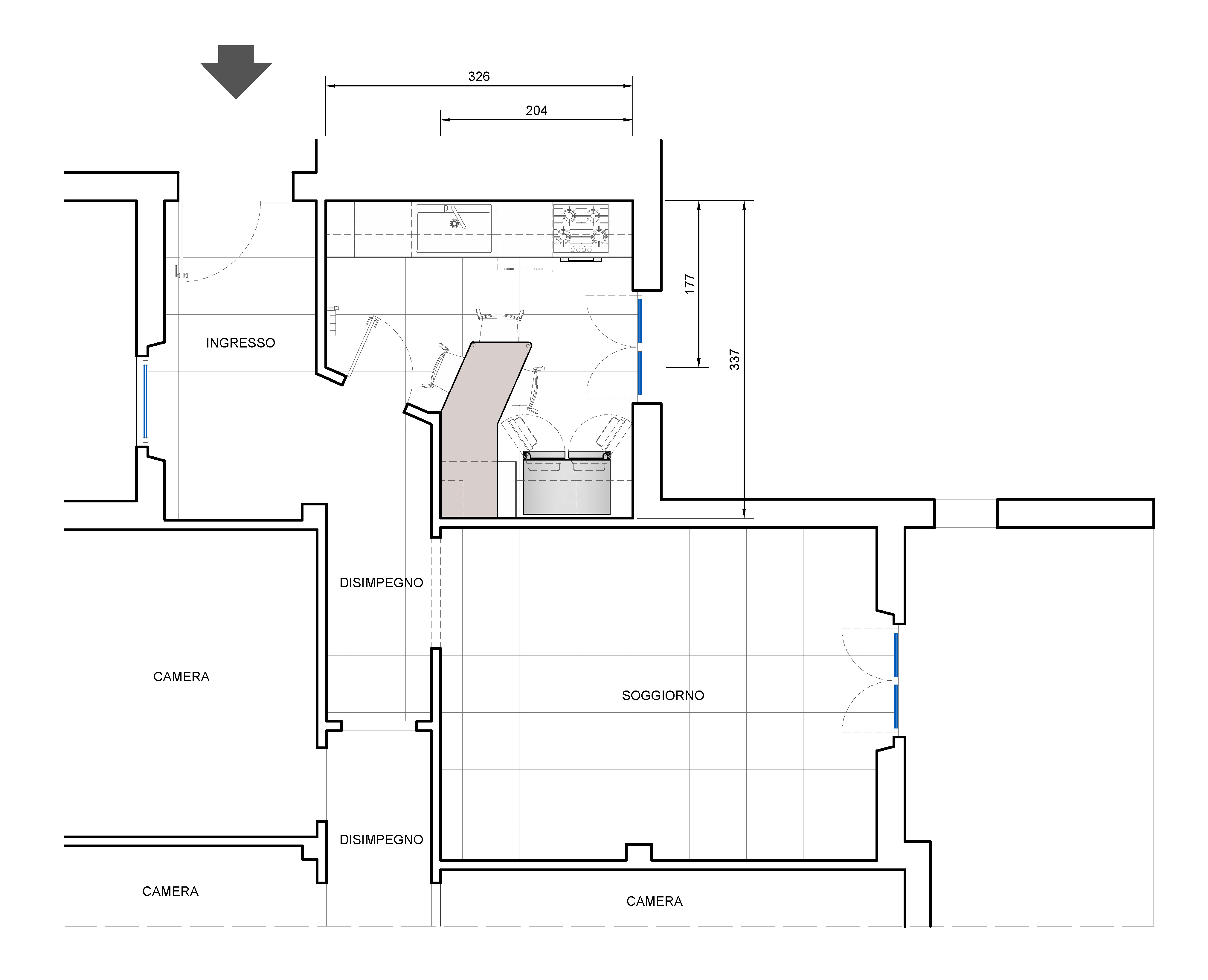 La cucina ha una pianta articolata e cuna zona ripostiglio. Per mantenerla separata e ingrandirla, potendovi sistemare una penisola, una base ribassata, il grande frigorifero a due ante recuperato dalla casa precedente ed i pensili si elimina il vano di servizio.