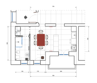Spostando la parete del bagno di trenta centimetri si ottiene una cucina più ampia, la possibilità di inserire una penisola che aumenta i volumi contenitivi e separa visivamente l'angolo cottura dalla zona pranzo. Nell'antibagno è posizionato un arredo per lavatoio e lavabiancheria.