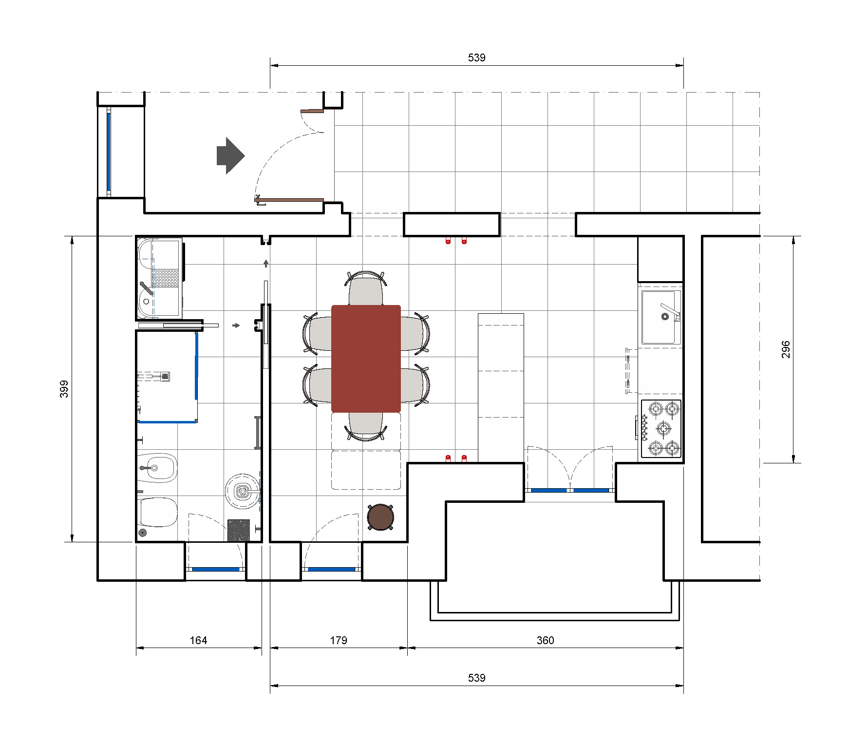 Spostando la parete del bagno di trenta centimetri si ottiene una cucina più ampia, la possibilità di inserire una penisola che aumenta i volumi contenitivi e separa visivamente l'angolo cottura dalla zona pranzo. Nell'antibagno è posizionato un arredo per lavatoio e lavabiancheria.