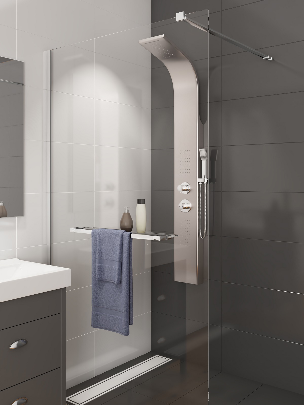 La colonna doccia idromassaggio Icone di Leroy Merlin ha miscelatore meccanico cromato satinato e due idrogetti per idromassaggio. Soffione e doccetta sono in ABS. Misura L 21,5 x H 145 cm. Prezzo 289 euro. www.leroymerlin.it La colonna doccia idromassaggio Icone di Leroy Merlin ha miscelatore meccanico cromato satinato e due idrogetti per idromassaggio. Soffione e doccetta sono in ABS. Misura L 21,5 x H 145 cm. Prezzo 289 euro. www.leroymerlin.it