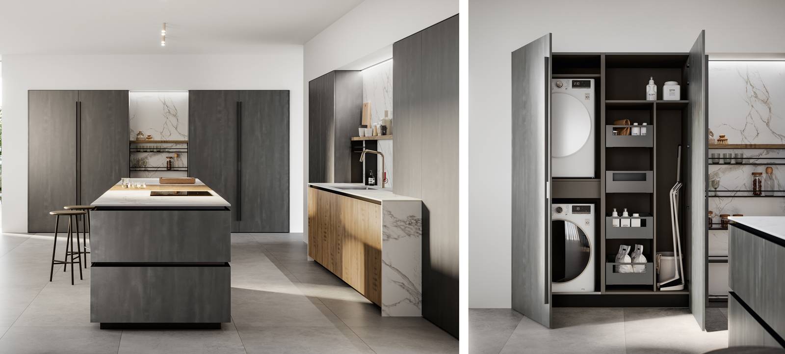 Discreta e funzionale la cucina Kalì 09 di Arredo3 si articola intorno alla grande isola centrale, rivestita in laminato metal ferro come le ante delle colonne e attrezzata con il piano cottura aspirante. I moduli della zona lavaggio sono in laminato quercia light coordinati con il piano snack. Le colonne con moduli Maxxi e profondità maggiorata, ospitano non solo la lavatrice e l'asciugatrice, ma anche i prodotti per le pulizie e l'aspirapolvere. Prezzo su richiesta. www.arredo3.it