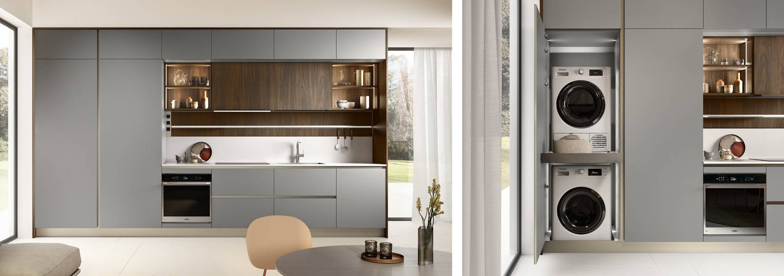 Una raffinata colorazione grigio chiaro per le ante della composizione lineare Like di Veneta Cucine in cui è sfruttato ogni centimetro: le colonne laterali infatti nascondono la zona lavanderia, con lavatrice e asciugatrice, un frigo, i cesti per la biancheria e una serie di ripiani su cui riporre i materiali per la pulizia. I pensili nella finitura Noce Color Scuro Liscio “scaldano” la cucina. Un modulo base da 60 cm, prezzo a partire da 269 euro. www.venetacucine.com