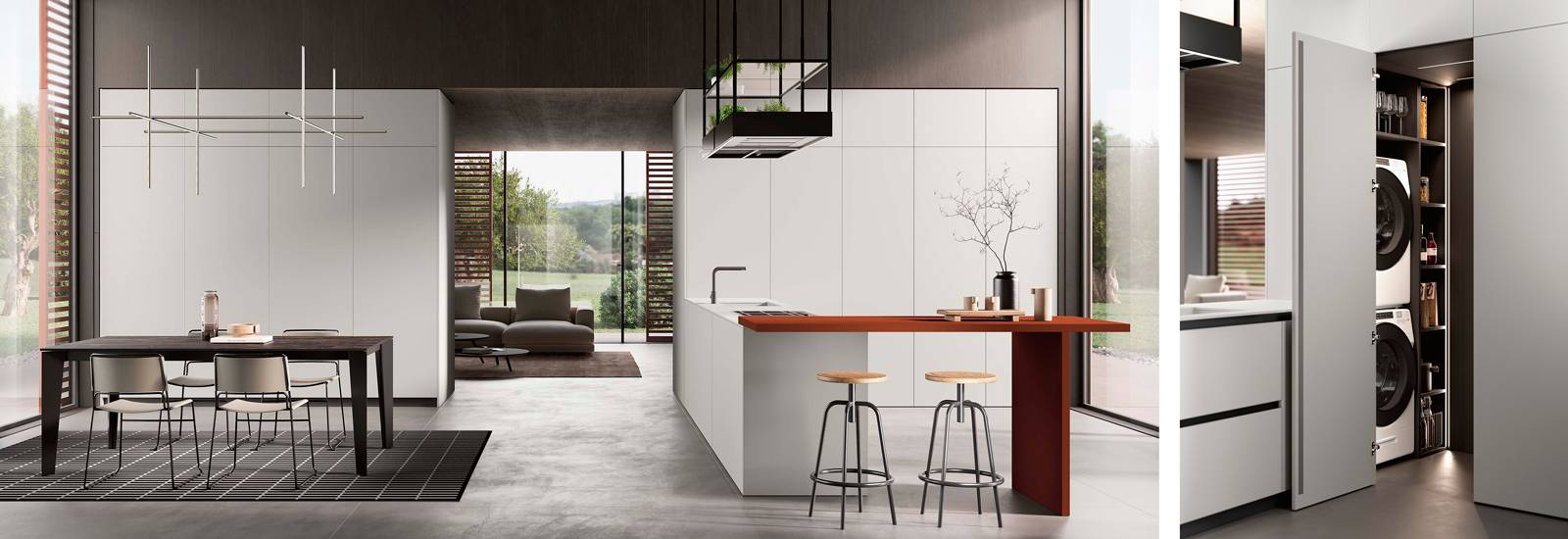 La cucina Origina anta profilo L di Febal Casa è caratterizzata da linee pulite e dalle ante Square in Fenix grigio Efeso messo in risalto dal piano snack in Fenix rosso Namib. Le ante delle colonne nascondono alla vista sia la dispensa sia la pratica e funzionale zona lavanderia.  Prezzo su richiesta. www.febalcasa.com