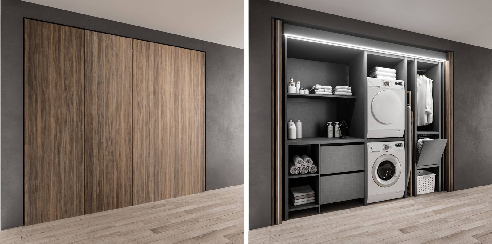 Fa parte del progetto Phantastic: The Laundry di Aran Cucine la zona lavanderia che scompare completamente dietro alle ante con apertura a libro nella finitura Noce Caracalla. Le mensole, i moduli e i vani in Alcene Antracite sono configurabili a seconda delle necessità e permettono di dare vita a soluzioni “su misura” per avere tutto in perfetto ordine. Prezzo su richiesta. www.arancucine.it