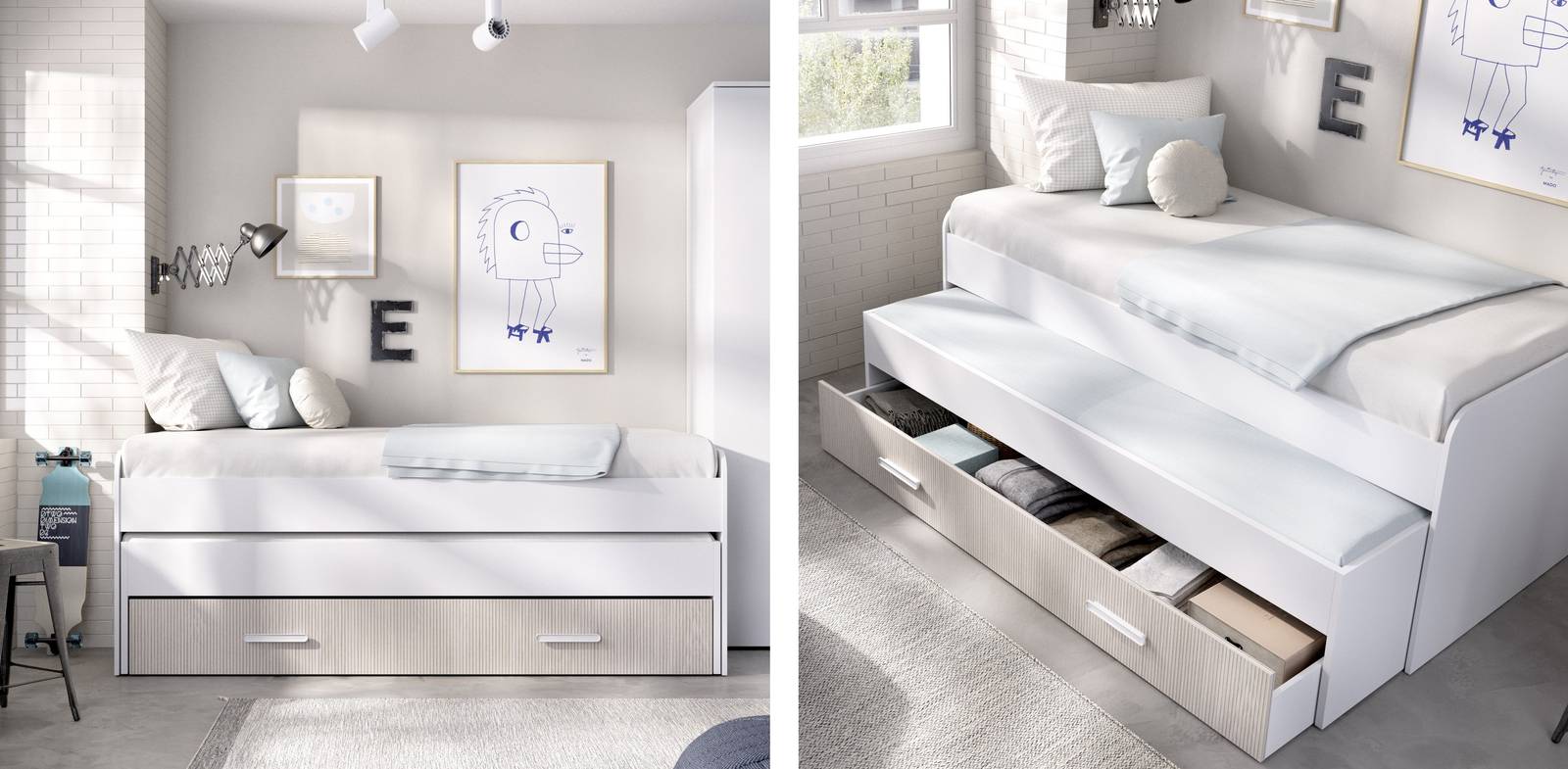 Il letto singolo bianco Echo di Deghi è corredato di un cassettone porta tutto, con il fronte nella finitura rovere cannettato, e di un lettino estraibile. Le dimensioni compatte e lo stile pulito lo rendono facile da ambientare. Misura L 97 x P 200 x H 70 cm.  Prezzo 287 euro. www.deghi.it Il letto singolo bianco Echo di Deghi è corredato di un cassettone porta tutto, con il fronte nella finitura rovere cannettato, e di un lettino estraibile. Le dimensioni compatte e lo stile pulito lo rendono facile da ambientare. Misura L 97 x P 200 x H 70 cm.  Prezzo 287 euro. www.deghi.it