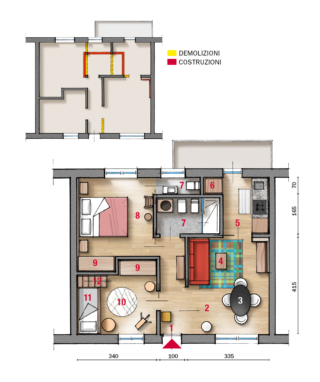 1 Ingresso 2 Zona giorno 3 Pranzo 4 Salotto5 Cucina 6  Nicchia con elettrodomestici  7 Bagno 8 Camera matrimoniale 9  Armadio 10 Cameretta  11 Letto a castello 12 Scaletta 1 Ingresso 2 Zona giorno 3 Pranzo 4 Salotto5 Cucina 6  Nicchia con elettrodomestici  7 Bagno 8 Camera matrimoniale 9  Armadio 10 Cameretta  11 Letto a castello 12 Scaletta