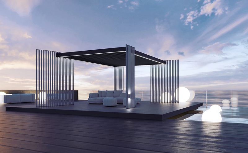 Protetto da 7 brevetti europei europei per il disegno, Code (acronimo di Customized Outdoor Design Experience) di BT Group è un sistema per esterno che offre comfort e privacy ed è personalizzabile in base alle specifiche esigenze, rendendola utilizzabile in tutte le stagioni. La struttura a doghe è in alluminio, materiale resistente alle intemperie e sostenibile, con luci a led integrati. La personalizzazione della struttura trova la sua massima espressione nella composizione customizzata di screen laterali in alluminio, che possono essere chiusi da pareti a tutto vetro scorrevoli, sormontati da una pergola bioclimatica a lamelle orientabili o un telo in pvc retraibile. www.btgroup.it Protetto da 7 brevetti europei europei per il disegno, Code (acronimo di Customized Outdoor Design Experience) di BT Group è un sistema per esterno che offre comfort e privacy ed è personalizzabile in base alle specifiche esigenze, rendendola utilizzabile in tutte le stagioni. La struttura a doghe è in alluminio, materiale resistente alle intemperie e sostenibile, con luci a led integrati. La personalizzazione della struttura trova la sua massima espressione nella composizione customizzata di screen laterali in alluminio, che possono essere chiusi da pareti a tutto vetro scorrevoli, sormontati da una pergola bioclimatica a lamelle orientabili o un telo in pvc retraibile. www.btgroup.it