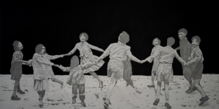 + Danilo Sciorilli, Walpurga (tutti giù per terra), 2024, acrilico e matita su tela, 140×70 + Danilo Sciorilli, Walpurga (tutti giù per terra), 2024, acrilico e matita su tela, 140×70