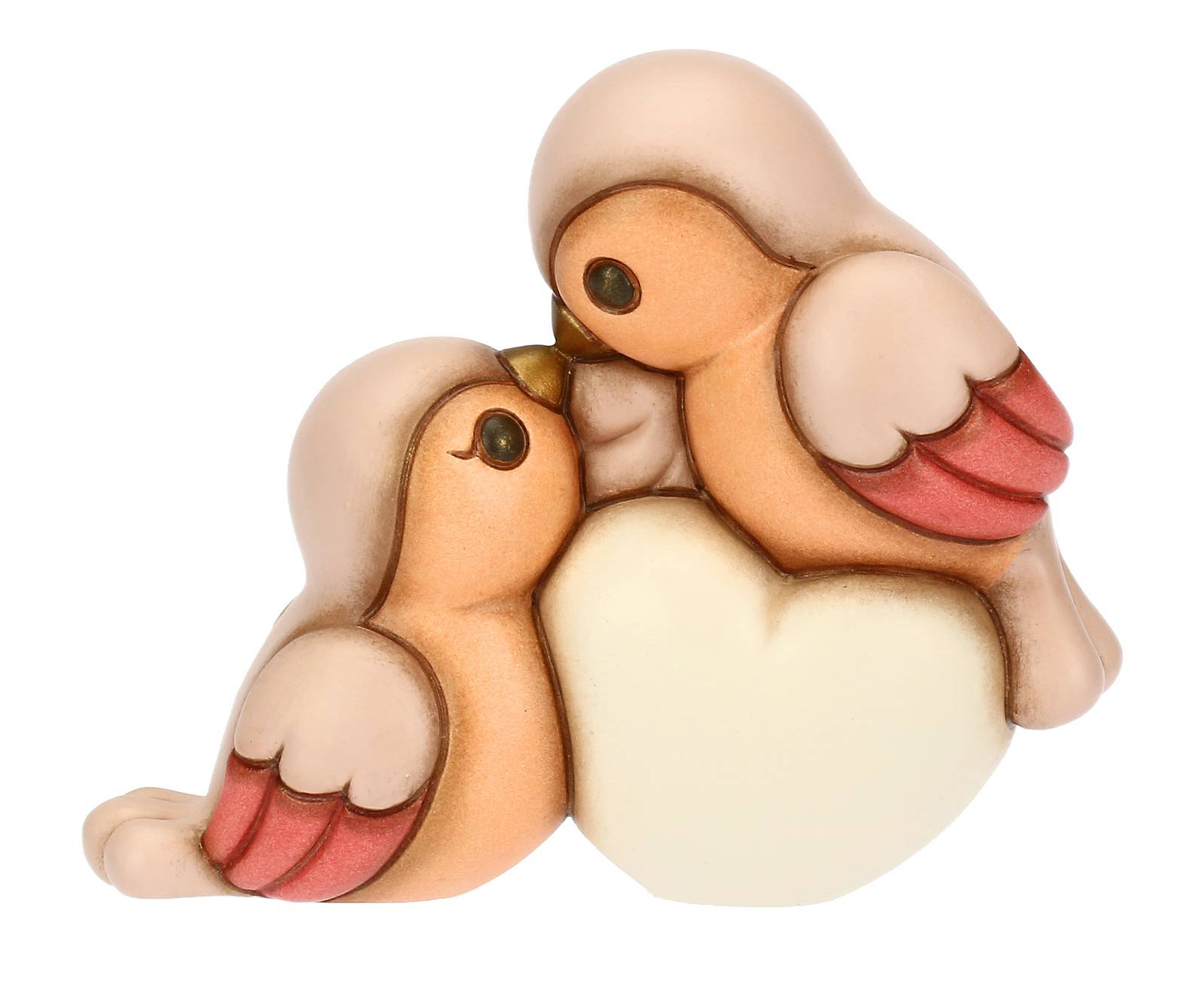 Coppia ciuffolotti in ceramica con cuore, medi; piume rosa e crema e un grande cuore su cui contare sempre Coppia ciuffolotti in ceramica con cuore, medi; piume rosa e crema e un grande cuore su cui contare sempre