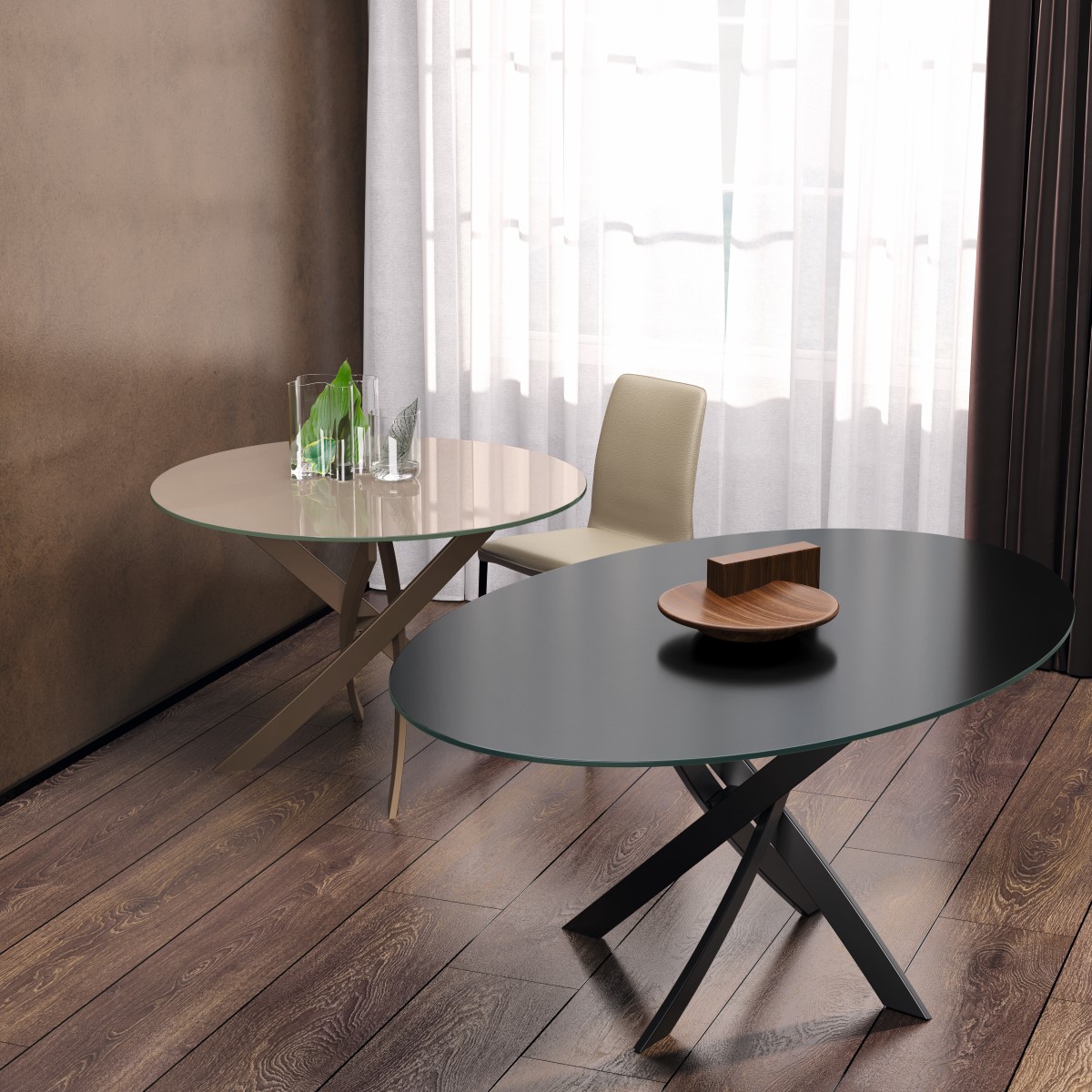 Un armonioso intreccio di archi definisce il tavolo Madeira di Febal Casa. Le gambe inclinate e sovrapposte formano un disegno geometrico di grande impatto visivo che gioca con la tridimensionalità. Caratterizzato da una struttura in ottone scuro, il tavolo Madeira di Febal Casa presenta un piano rotondo fisso in cristallo lucido tortora. La versione fissa può essere arricchita con il piano centrotavola girevole. Misure: D 110, H 75 cm. Prezzo su richiesta. www.febalcasa.com