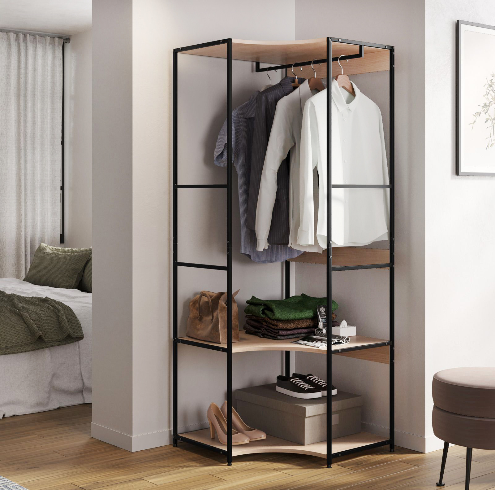 Una pratica forma ad angolo per l'appendiabiti Duke di Deghi che ha un sottile telaio in acciaio nero e due ripiani nella finitura effetto rovere. Misura L 80 x P 80 x H 175 cm. Prezzo 139,99 euro. www.deghi.it Una pratica forma ad angolo per l'appendiabiti Duke di Deghi che ha un sottile telaio in acciaio nero e due ripiani nella finitura effetto rovere. Misura L 80 x P 80 x H 175 cm. Prezzo 139,99 euro. www.deghi.it