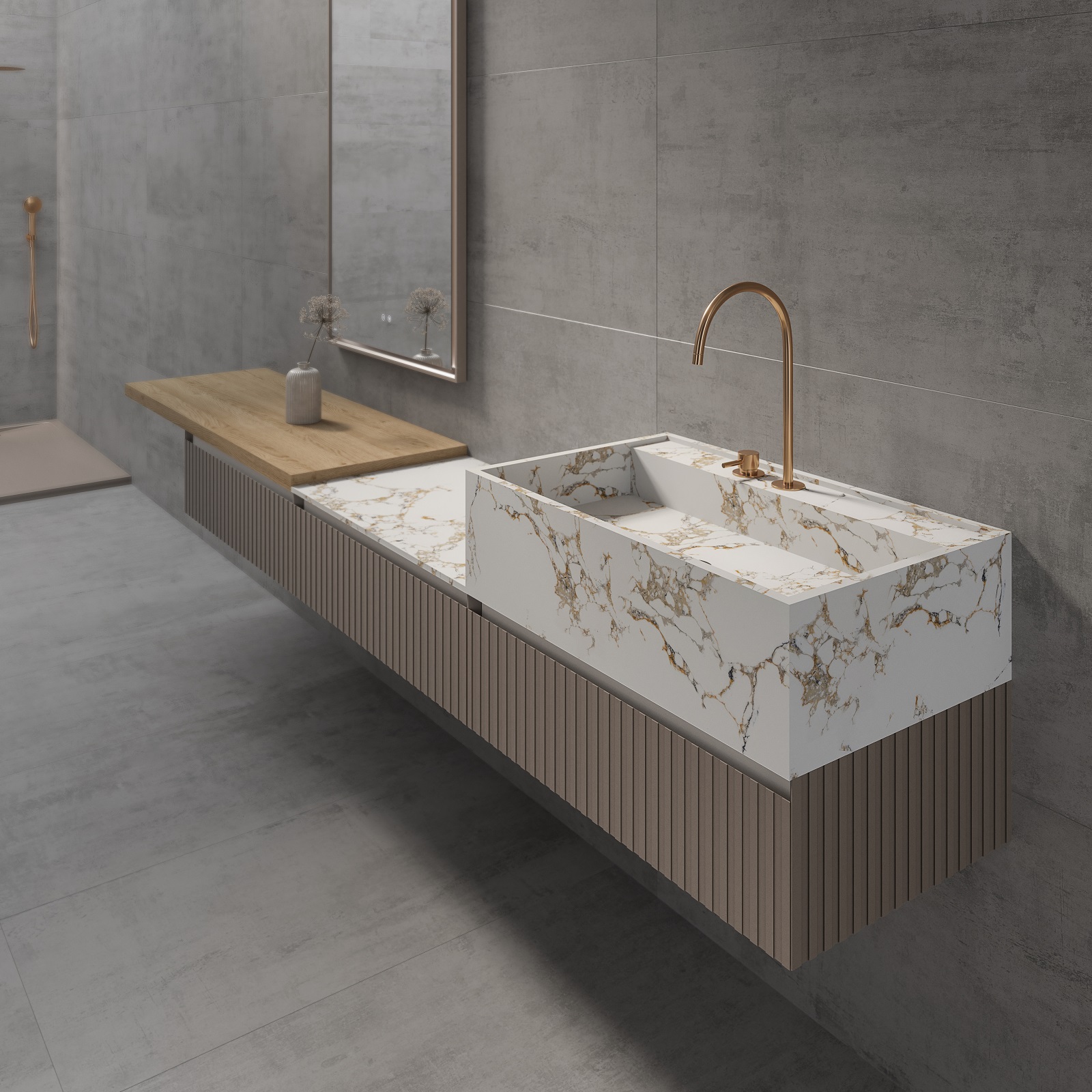 La base lavabo con cassetto Inglet di Fiora ha finitura Listello colore 36T Capuccino. Il solo blocco sotto il lavabo misura L 80 x P 50 x H 25 cm e costa, Iva esclusa, 600 euro. www.fiorabath.com La base lavabo con cassetto Inglet di Fiora ha finitura Listello colore 36T Capuccino. Il solo blocco sotto il lavabo misura L 80 x P 50 x H 25 cm e costa, Iva esclusa, 600 euro. www.fiorabath.com