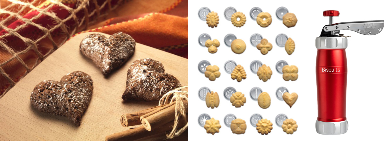 Perfetta per creare romantici biscotti a forma di cuore ma non solo, la pressa per biscotti Biscuits permette di ottenere, con una sola ricarica del cilindro, biscotti di due dimensioni e in oltre venti forme graziose e ricercate. In alluminio anodizzato, disponibile in 7 varianti colore, ha design compatto, ideale per chi ha poco spazio in cucina. Prezzo 77,90 euro. www.marcato.it Perfetta per creare romantici biscotti a forma di cuore ma non solo, la pressa per biscotti Biscuits permette di ottenere, con una sola ricarica del cilindro, biscotti di due dimensioni e in oltre venti forme graziose e ricercate. In alluminio anodizzato, disponibile in 7 varianti colore, ha design compatto, ideale per chi ha poco spazio in cucina. Prezzo 77,90 euro. www.marcato.it