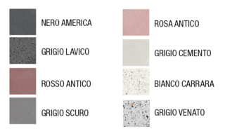 in palette
La maggior parte dei pavimenti è in cementine 20 x 20 cm, spessore 18 mm, mentre all’interno
del box doccia
è stata posata
resina cementizia.
In alto, lo studio
sui colori ricorrenti
in tutto l’appartamento.