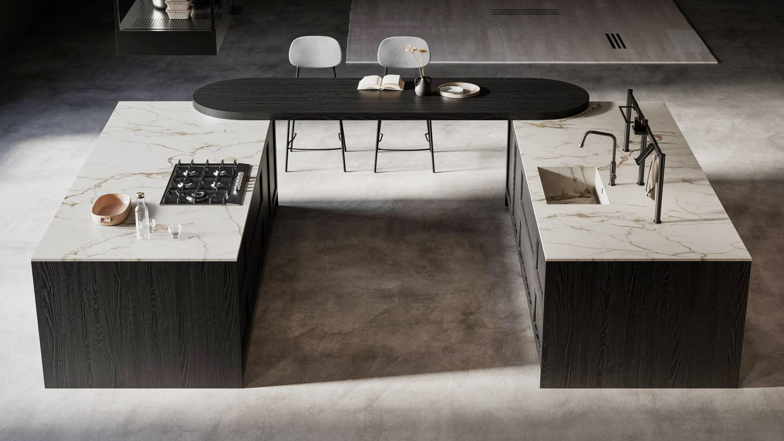 Alma di Arredo3 è la cucina caratterizzata da due isole contrapposte e collegate dal piano snack, in appoggio sui top con le teste stondate, che danno vita ad una pratica forma a U. Le basi sono nella finitura laminato rovere fumé; il top è in Calacatta macchia vecchia di Iris. Prezzo su richiesta. www.arredo3.it Alma di Arredo3 è la cucina caratterizzata da due isole contrapposte e collegate dal piano snack, in appoggio sui top con le teste stondate, che danno vita ad una pratica forma a U. Le basi sono nella finitura laminato rovere fumé; il top è in Calacatta macchia vecchia di Iris. Prezzo su richiesta. www.arredo3.it