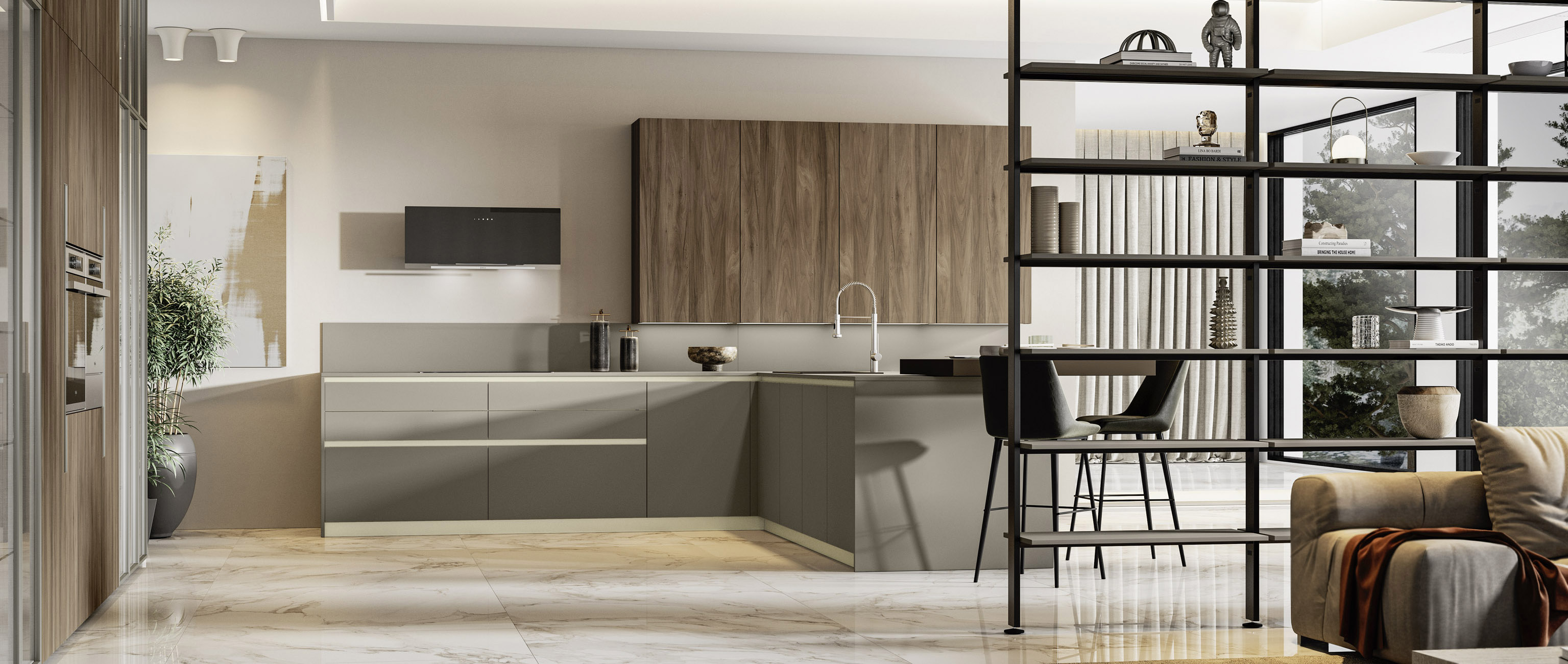 La cucina Loft 2.2 di Arrex Le Cucine ha le ante in Fenix Grigio Londra che creano un raffinato contrasto con i pensili verticali in laminato effetto legno con venatura a vista. Sul top della penisola è “appoggiato” il piano snack. Un modulo base da 60 cm, prezzo a partire da 290 euro + IVA.  www.arrex.it