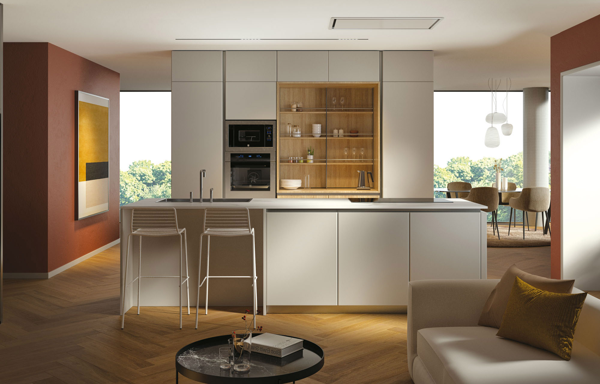 Si apre completamente sulla zona giorno la cucina Pratica 16 di La Casa Moderna  che si sviluppa intorno all'isola con il piano in laminato bianco; le basi e le colonne hanno le ante lisce realizzate in PET seta. La nicchia è attrezzata con la boiserie Vertigo in legno e metallo. Prezzo a partire da 10.570 euro per la composizione (kit elettrodomestici, lavello e miscelatore compresi; esclusi cappa e accessori). www.lacasamoderna.it