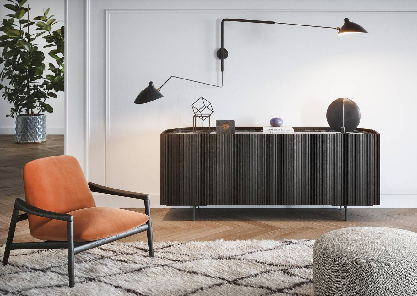 È caratterizzata da un insolito profilo curvo nella parte posteriore la madia Bay di Novamobili con le ante dogate in impiallacciato rovere, nella versione complanare. É dotata di sottili piedini in metallo che la sollevano da terra. Misura L 160 x P 52 x H 80,6 cm. Prezzo su richiesta.   www.novamobili.it