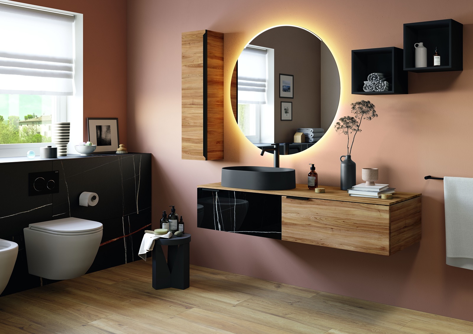 Il mobile bagno sospeso Class Gres di Iperceramica ha base portalavabo in MDF rivestita in gres porcellanato effetto Marmo Sahara Noir spesso 5 mm e in nobilitato effetto legno con finitura Noce Belgravia con un cassetto in gres e un cassetto in Noce Belgravia a chiusura rallentata. Misura L 140 x P 51 x H 28 cm. Prezzo 1.747,20 euro. www.iperceramica.it Il mobile bagno sospeso Class Gres di Iperceramica ha base portalavabo in MDF rivestita in gres porcellanato effetto Marmo Sahara Noir spesso 5 mm e in nobilitato effetto legno con finitura Noce Belgravia con un cassetto in gres e un cassetto in Noce Belgravia a chiusura rallentata. Misura L 140 x P 51 x H 28 cm. Prezzo 1.747,20 euro. www.iperceramica.it