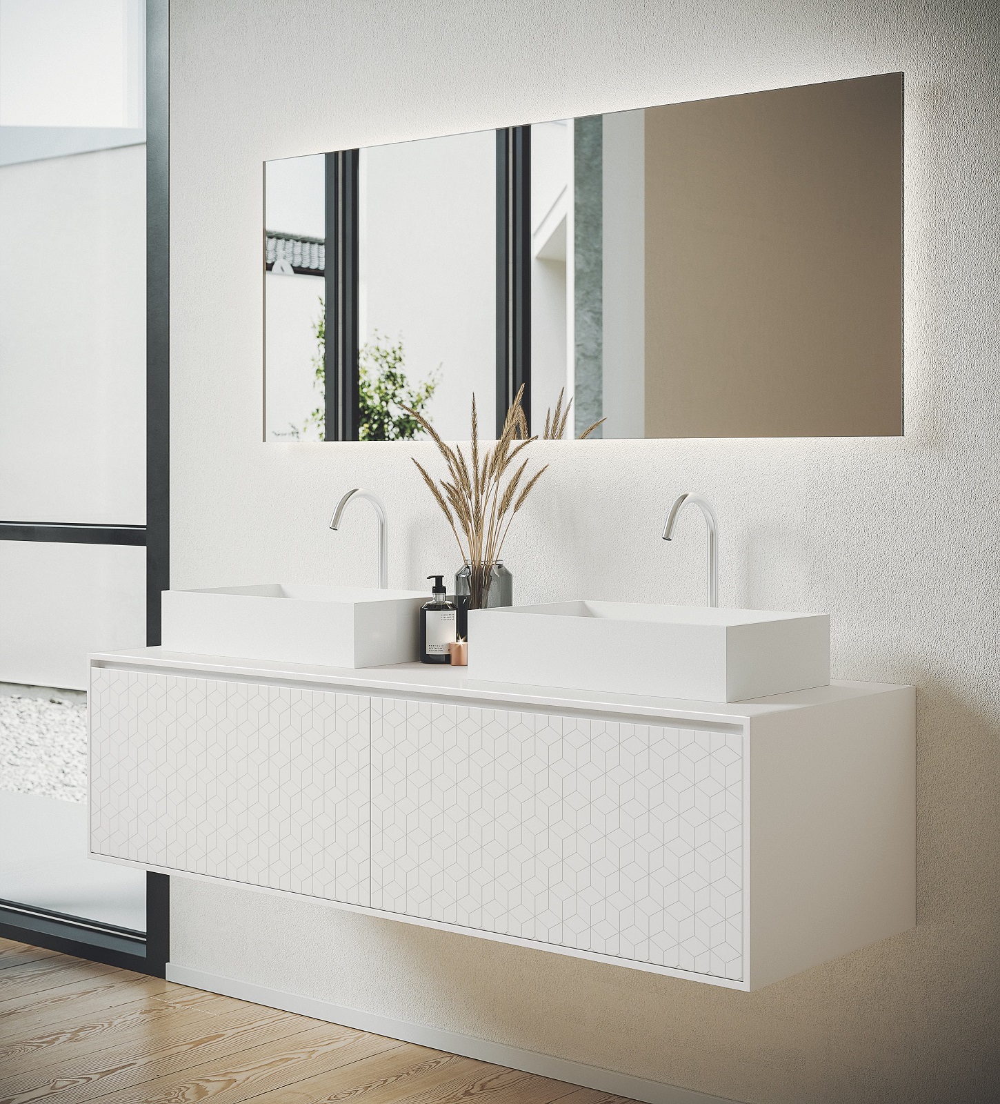 Ha fresatura sulle ante il mobile lavabo Infinity di Planit in Corian@, materiale resistenza ad acqua, umidità e graffi e di facile pulizia. Misura L 160 x P 52 x H 55 cm. Prezzo, Iva esclusa, 3.449 euro. www.planit.it Ha fresatura sulle ante il mobile lavabo Infinity di Planit in Corian@, materiale resistenza ad acqua, umidità e graffi e di facile pulizia. Misura L 160 x P 52 x H 55 cm. Prezzo, Iva esclusa, 3.449 euro. www.planit.it