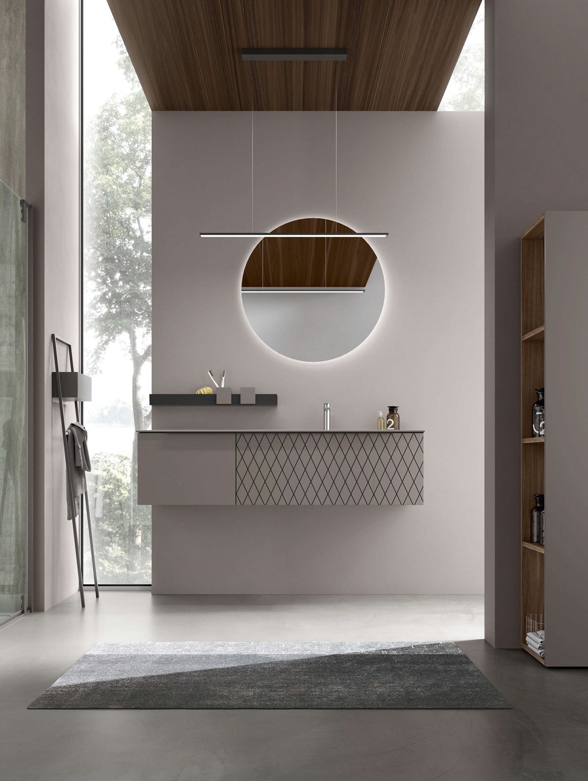 Una trama a rombi veste l’anta del mobile lavabo sospeso con vasca integrata della collezione Pollock Trame di Arcombagno. La scocca e il frontale sono nel colore Taupe opaco. Misura L 145 x P 50,5 cm. Prezzo su richiesta. www.arcombagno.com Una trama a rombi veste l’anta del mobile lavabo sospeso con vasca integrata della collezione Pollock Trame di Arcombagno. La scocca e il frontale sono nel colore Taupe opaco. Misura L 145 x P 50,5 cm. Prezzo su richiesta. www.arcombagno.com