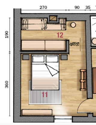 Pianta della camera con cabina armadio dietro al letto e tenda come chiusura Pianta della camera con cabina armadio dietro al letto e tenda come chiusura