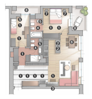 planimetria con disposizione lampadari e faretti