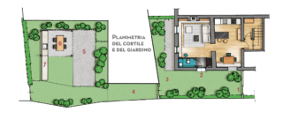 1 Ingresso dall'esterno 2 Ingresso dell'abitazione
3 Cortile interno 4 Strada privata di collegamento
5 Giardino 6 Zona pranzo 7 Cucina outdoor 1 Ingresso dall'esterno 2 Ingresso dell'abitazione
3 Cortile interno 4 Strada privata di collegamento
5 Giardino 6 Zona pranzo 7 Cucina outdoor