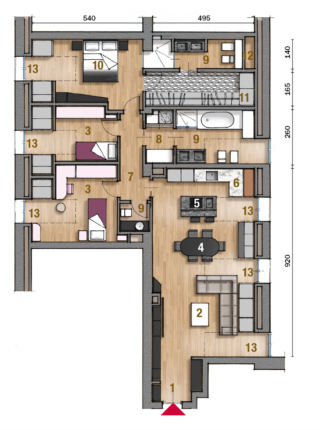 1 Ingresso
2 Soggiorno
3 Camera
4 Zona pranzo
5 Isola
6 Cucina
7 Disimpegno
8 Antibagno
9 Bagno
10 Camera matrimoniale
11 Cabina armadio
12 Zona non praticabile del sottotetto
13 Abbaino 1 Ingresso
2 Soggiorno
3 Camera
4 Zona pranzo
5 Isola
6 Cucina
7 Disimpegno
8 Antibagno
9 Bagno
10 Camera matrimoniale
11 Cabina armadio
12 Zona non praticabile del sottotetto
13 Abbaino