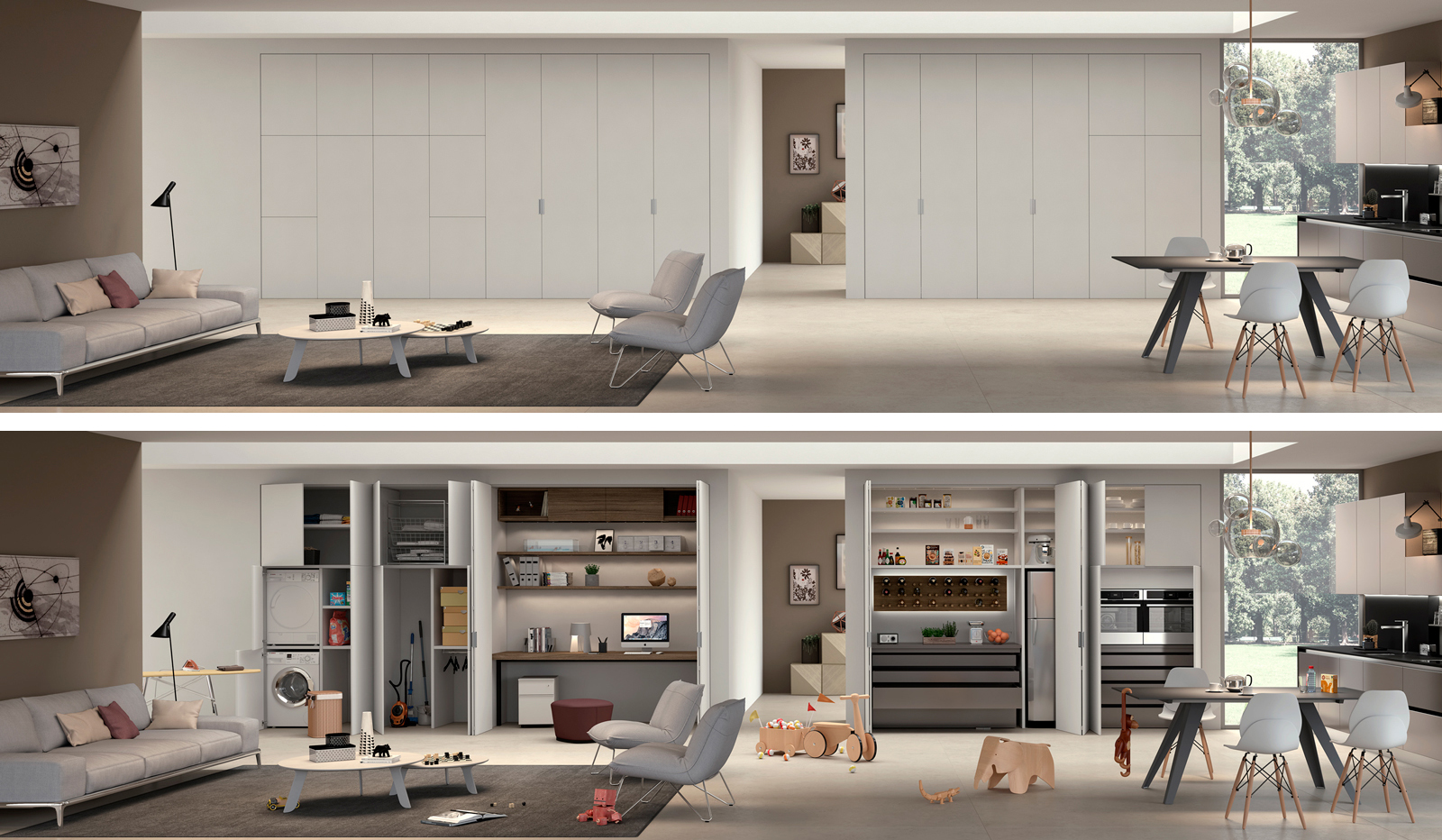 Skema Infinito è un il sistema di chiusura essenziale e contemporaneo che dà la possibilità di sviluppare infinite soluzioni estetiche con continuità nella sequenza di pannelli. Offre al progettista la possibilità di sviluppare infinite soluzioni estetiche in continuità con la parete. È disponibile con pannelli di varie dimensioni che possono essere montati con sistemi ad anta singola o doppia, sovrapposta o asimmetrica, con chiusure a 4 o a 3 lati. Grazie ai moduli trapezoidali è la soluzione ideale per aperture molto ampie o in situazioni in cui è necessario sfruttare al meglio ogni spazio. Qui la composizione prevede pannelli di diversa misura in laccato opaco bianco, aperture sia a battente, sia a libro abbinate a maniglie verticali o al sistema Push-pull. Funzionale e su misura, è ideale per rispondere a tutte le esigenze del contenere e del chiudere. Dimensione massima Skema Infinito: L 530 x H 350 cm. Skema Infinito è un il sistema di chiusura essenziale e contemporaneo che dà la possibilità di sviluppare infinite soluzioni estetiche con continuità nella sequenza di pannelli. Offre al progettista la possibilità di sviluppare infinite soluzioni estetiche in continuità con la parete. È disponibile con pannelli di varie dimensioni che possono essere montati con sistemi ad anta singola o doppia, sovrapposta o asimmetrica, con chiusure a 4 o a 3 lati. Grazie ai moduli trapezoidali è la soluzione ideale per aperture molto ampie o in situazioni in cui è necessario sfruttare al meglio ogni spazio. Qui la composizione prevede pannelli di diversa misura in laccato opaco bianco, aperture sia a battente, sia a libro abbinate a maniglie verticali o al sistema Push-pull. Funzionale e su misura, è ideale per rispondere a tutte le esigenze del contenere e del chiudere. Dimensione massima Skema Infinito: L 530 x H 350 cm.