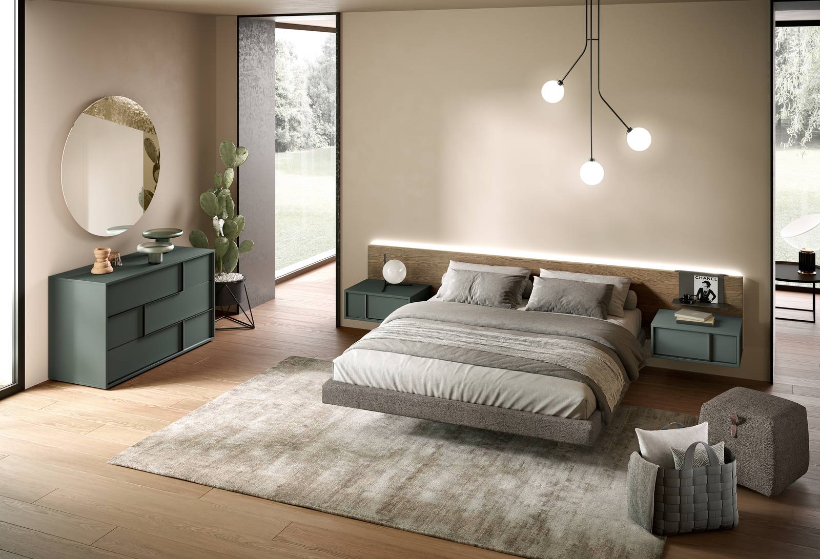 Moretti Compact Giorno Notte, collezione Eclipse
Camera Profile con letto Wall Panel in essenza Rovere Yuta e laccato opaco Muschio