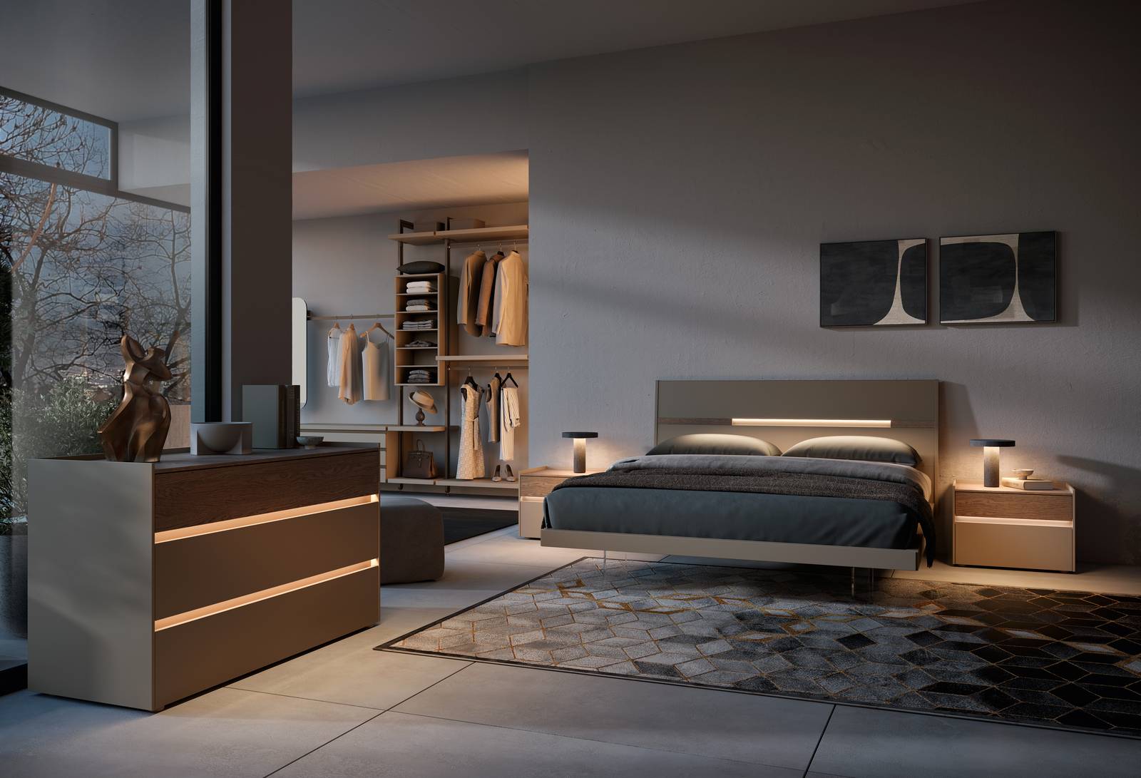 Moretti Compact Giorno Notte, collezione Eclipse
Camera Brize con letto Gleam in essenza Rovere Biondo e laccato opaco Nocciola