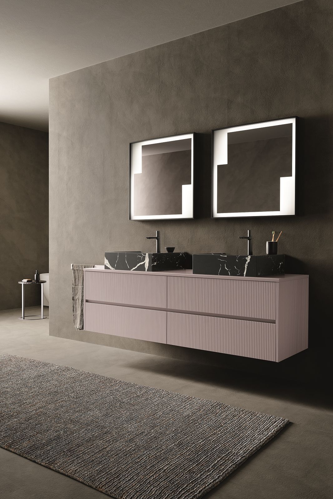 La composizione Tulle Rigato Fard opaco di Archeda è dotata di doppio lavabo da appoggio Afrodite in Okite Nero Marquinia. Ciascun lavabo misura L 50,4 x P 45,5 x H 14 cm e costa, Iva esclusa, 2.603 euro. Misura del top della mobile lavabo L 174 x P 50 cm.  www.archeda.eu La composizione Tulle Rigato Fard opaco di Archeda è dotata di doppio lavabo da appoggio Afrodite in Okite Nero Marquinia. Ciascun lavabo misura L 50,4 x P 45,5 x H 14 cm e costa, Iva esclusa, 2.603 euro. Misura del top della mobile lavabo L 174 x P 50 cm.  www.archeda.eu